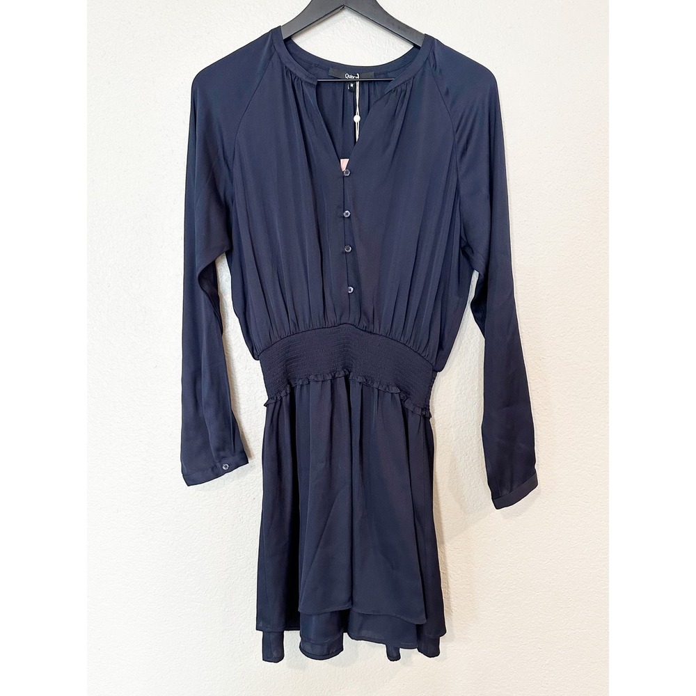 Quince Washable Silk Smocked Waist Mini Dress Navy Blue Size Medium NEW - Picture 2 of 9